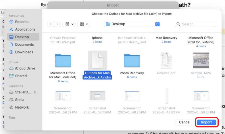 Navigate to the OLM file location and select it. Click Import