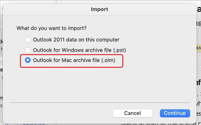 Select the Outlook for Mac archive file(.olm)