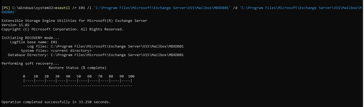 perform soft recovery on exchange database using eseutil