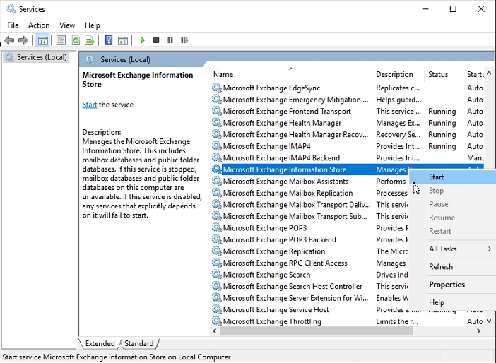 restart exchange services to mount database