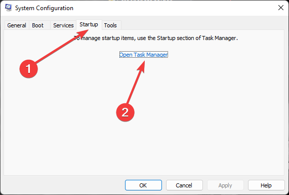 On the Startup tab of System Configuration, select Open Task Manager