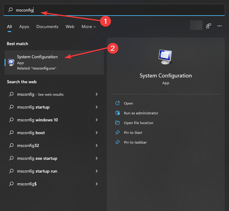 In the search box on the taskbar, type msconfig and select System Configuration from the results