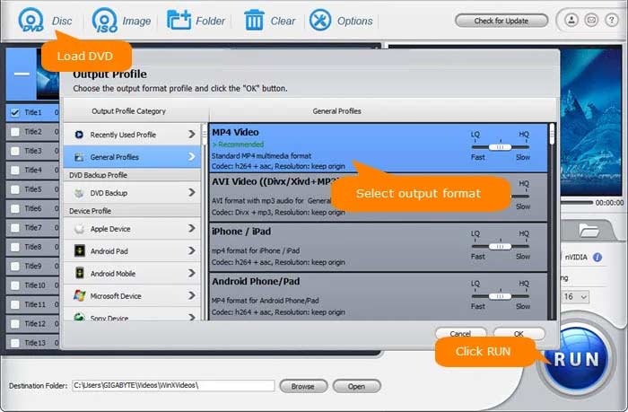 select output profile in Winx dvd ripper 