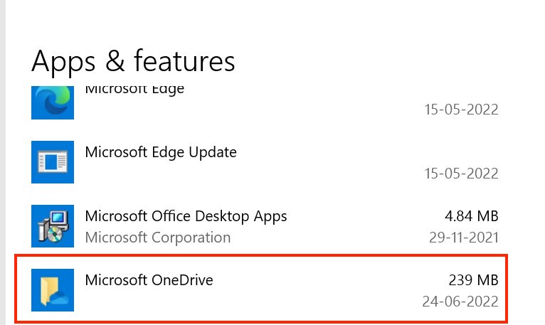 Microsoft Onedrive in Apps & features