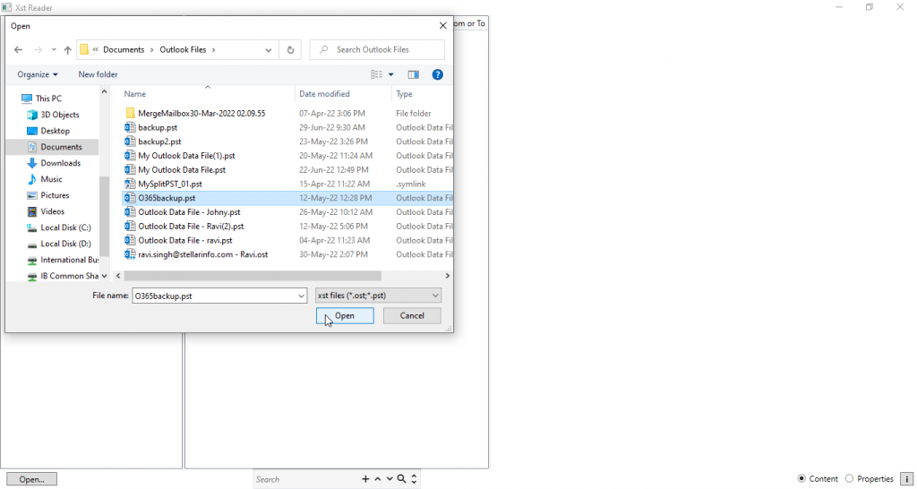  select the PST file