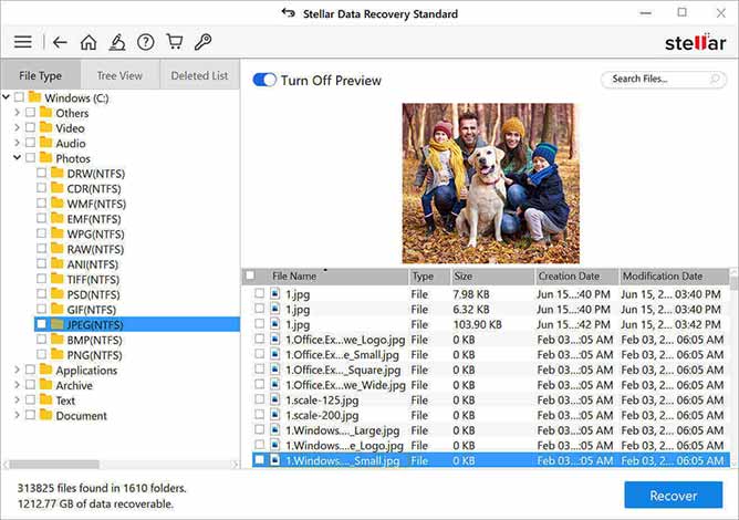the file recovery preview and recover button in app