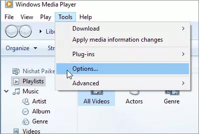 Tools options in Windows Media Player