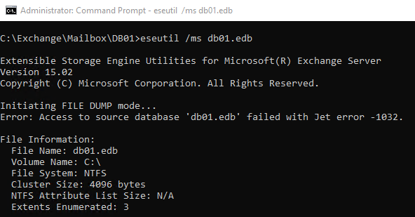 access to the source database failed eseutil command