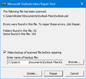 click repair to repair the pst file