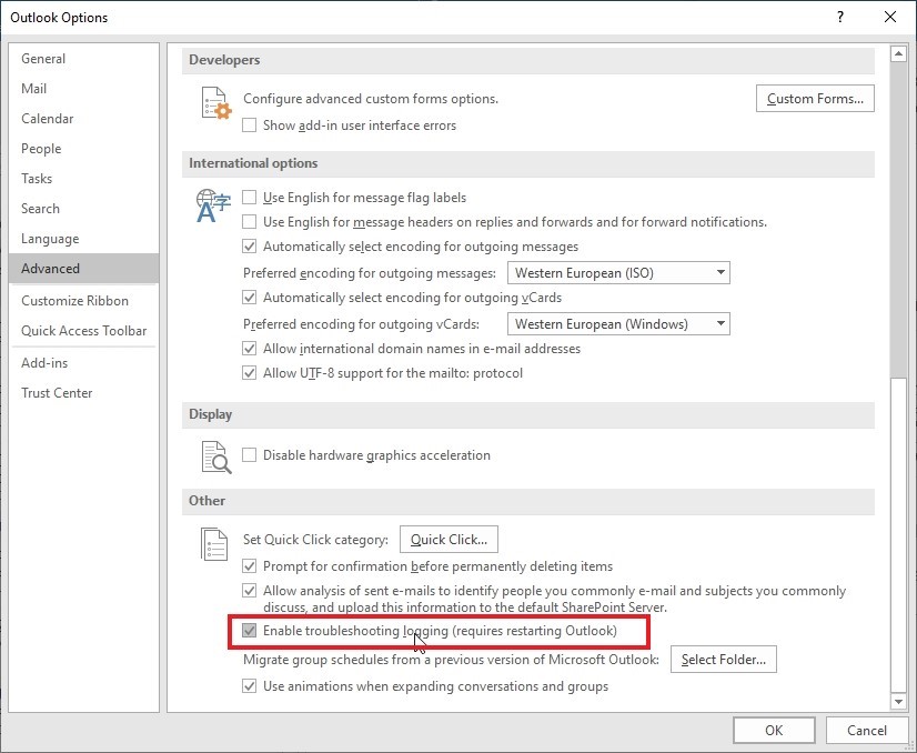 enable troubleshooting logging in outlook