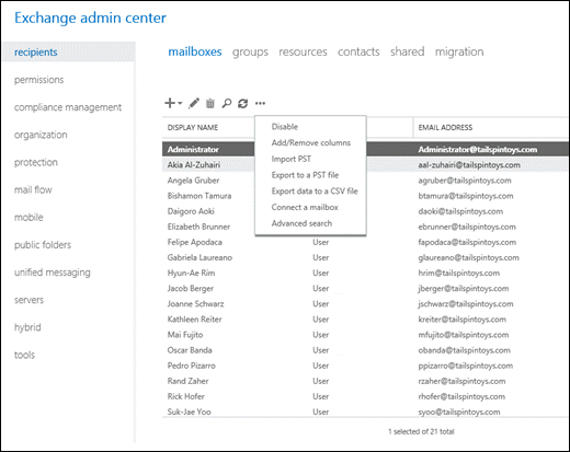 export mailboxes to pst via exchange admin center
