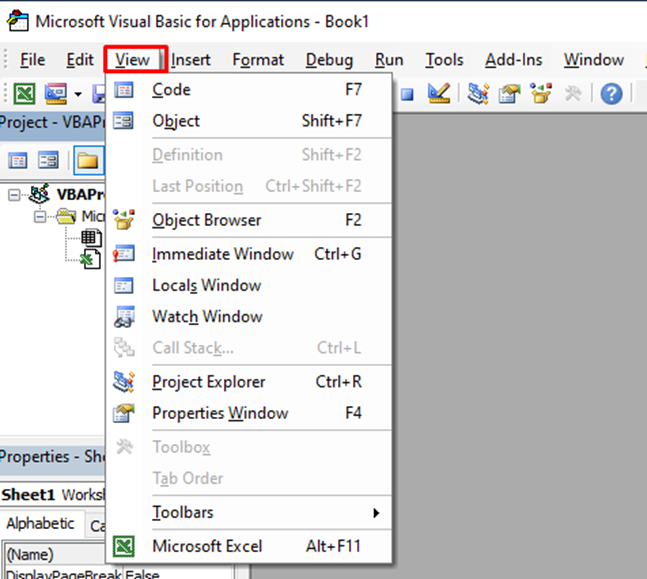 Go to the View menu in the Visual Basic Editor