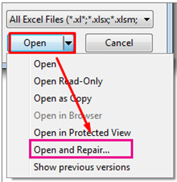 after selecting the corrupt excel, click on the drop-down next to Open and click on Open and Repair