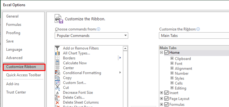 In Excel options, click on Customize Ribbon