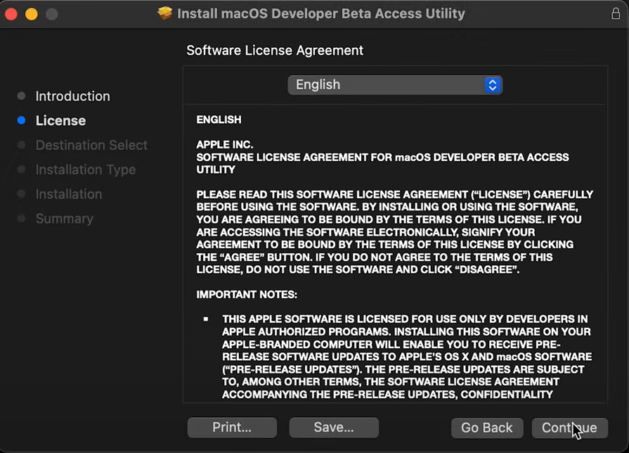 macOS developer access utility > installation screen