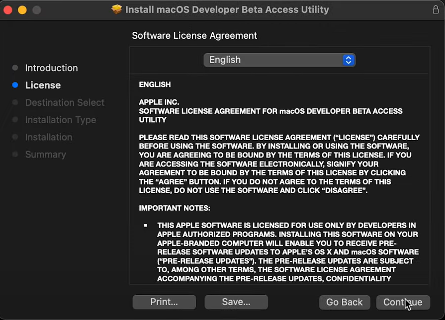 utilità di accesso per sviluppatori macOS > schermata di installazione