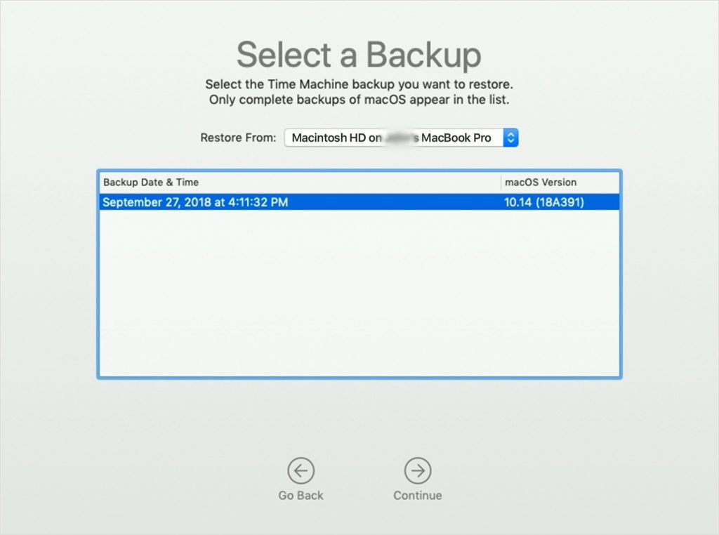 Modalità di ripristino su Mac con processore Intel > Selezionare la data del backup