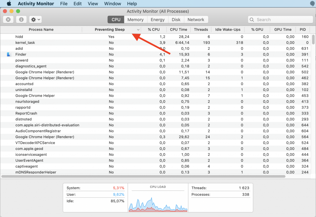 Activity Monitor > CPU tab > Preventing sleep