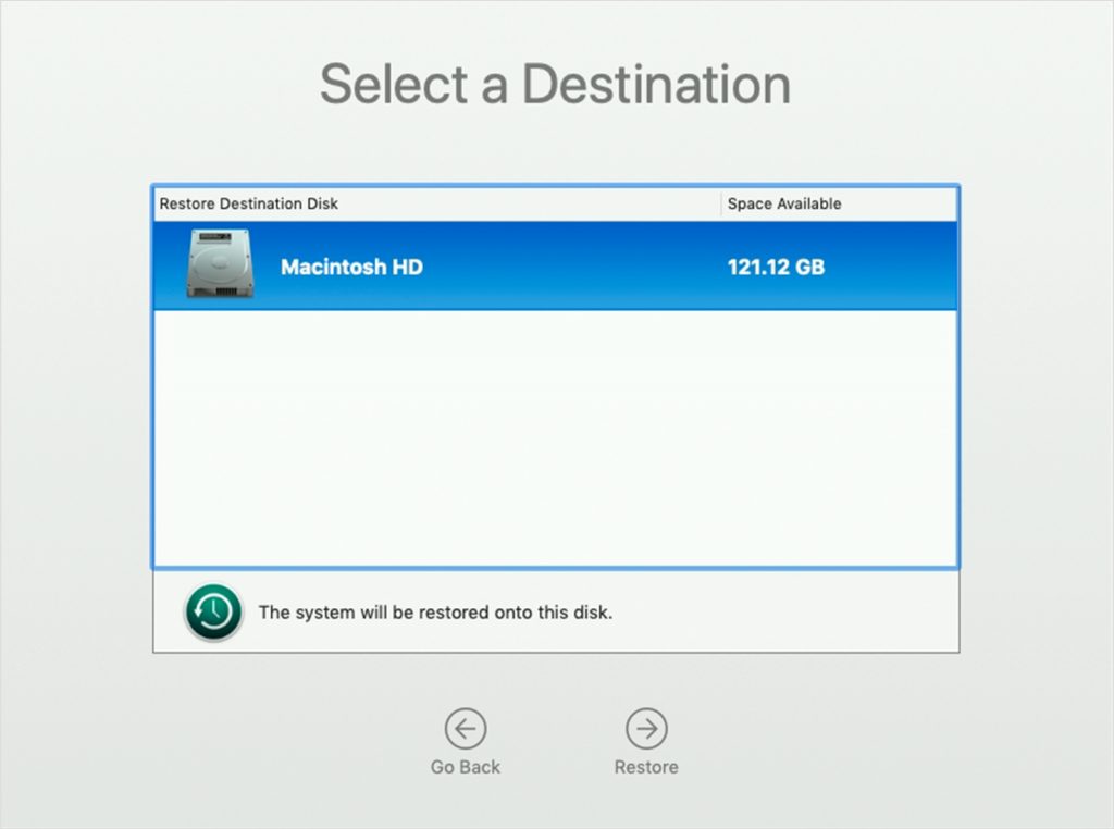 Modalità di ripristino su Mac con processore Intel > Selezionare la destinazione del backup
