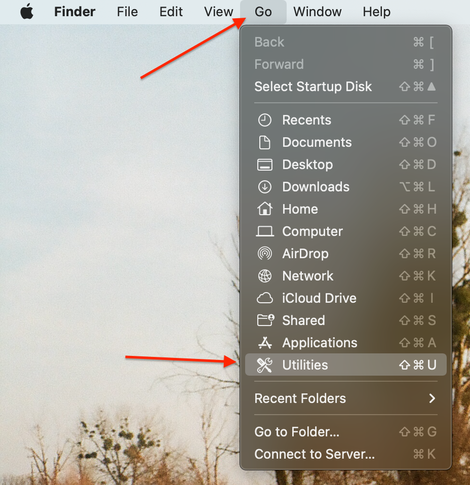 Menu bar > Go > Utilities