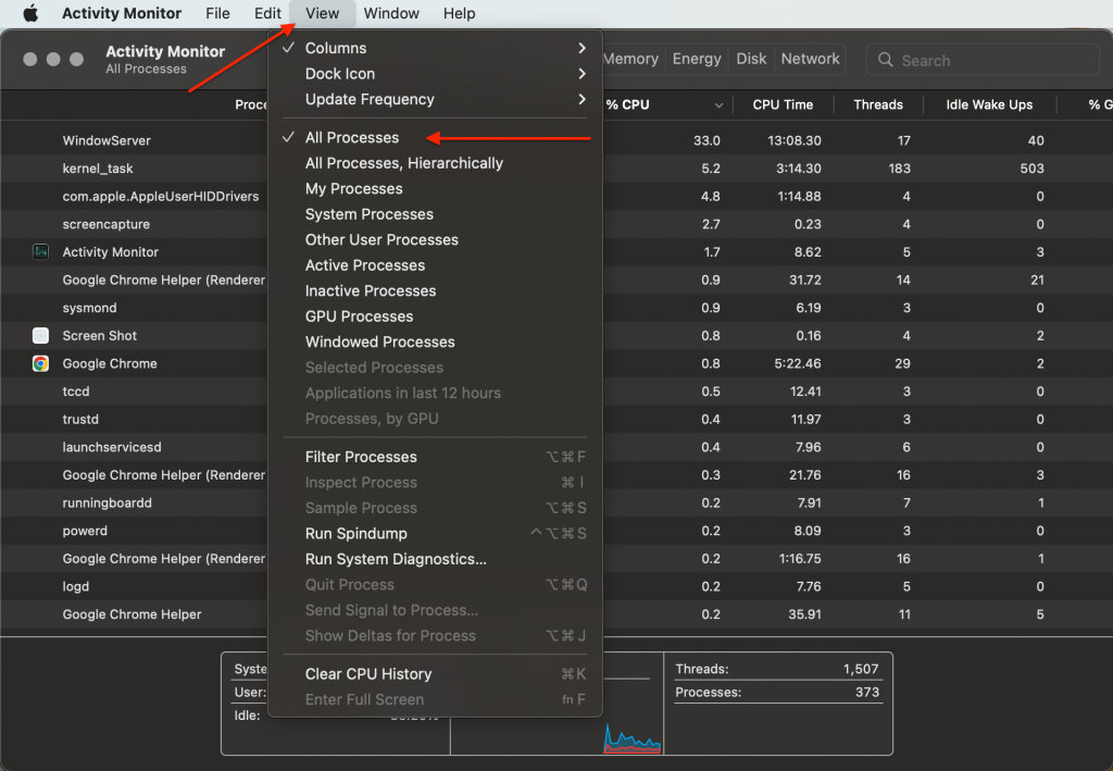 Activity Monitor > View > All processes