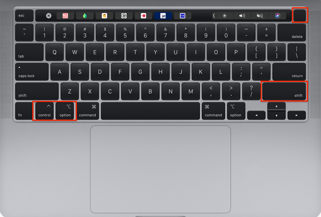 Keyboard > Shift + Option + Control buttons > Power
