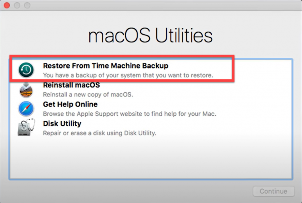 Modalità di ripristino su Mac con processore Intel > Ripristino dal backup di Time Machine