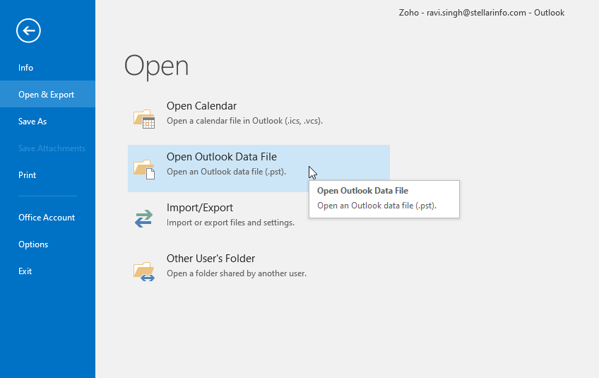 open outlook data file