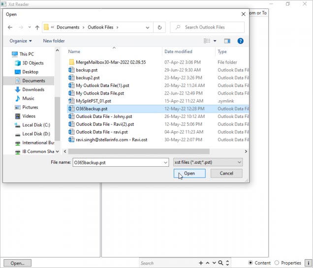  select the PST file