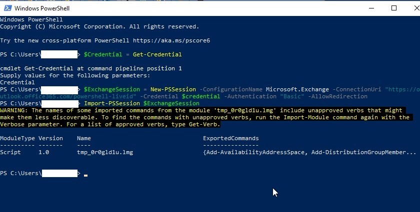 start exchange online session in powershell