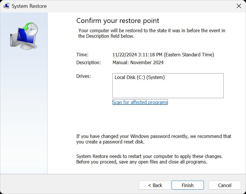 system restore