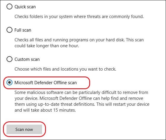 Cliquez sur Windows Defender Offline Scan