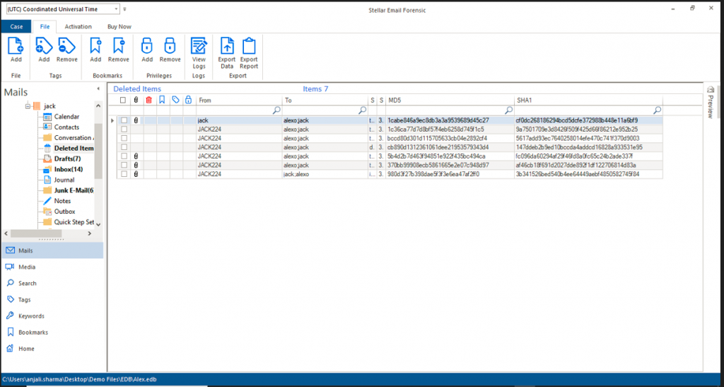 MD5 and SHA1 hash values corresponding to emails.