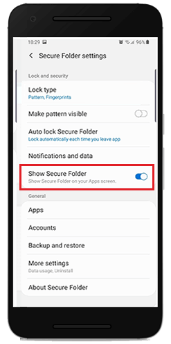 turn on show secure folder on android