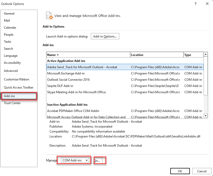 Select COM Add-ins from the dropdown menu.