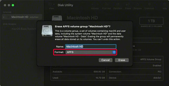 select APFS for SSDs and modern macOS 