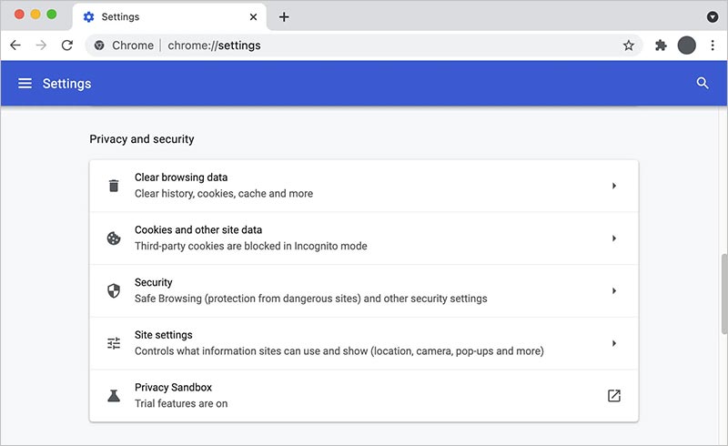Cookies and other site data in chrome settings