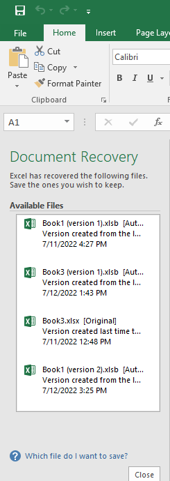 Document Recovery pane in MS Excel