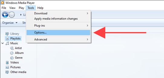 Install Missing Codec Pack on Windows Media Player; Select 'Options'