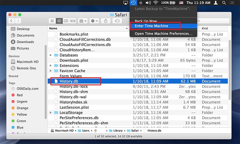 click history.db file to Enter Time Machine.