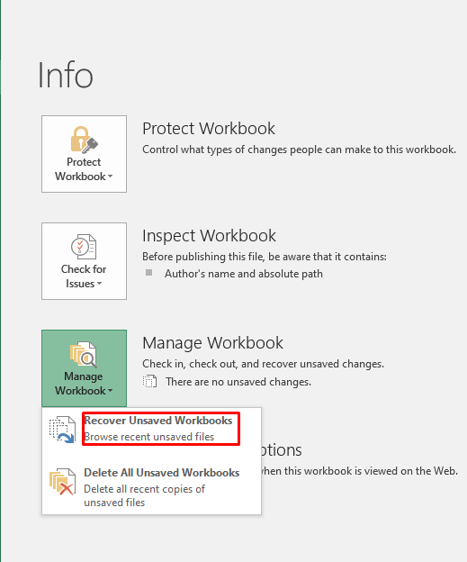 Recover Unsaved Workbooks under Manage Workbook in MS Excel