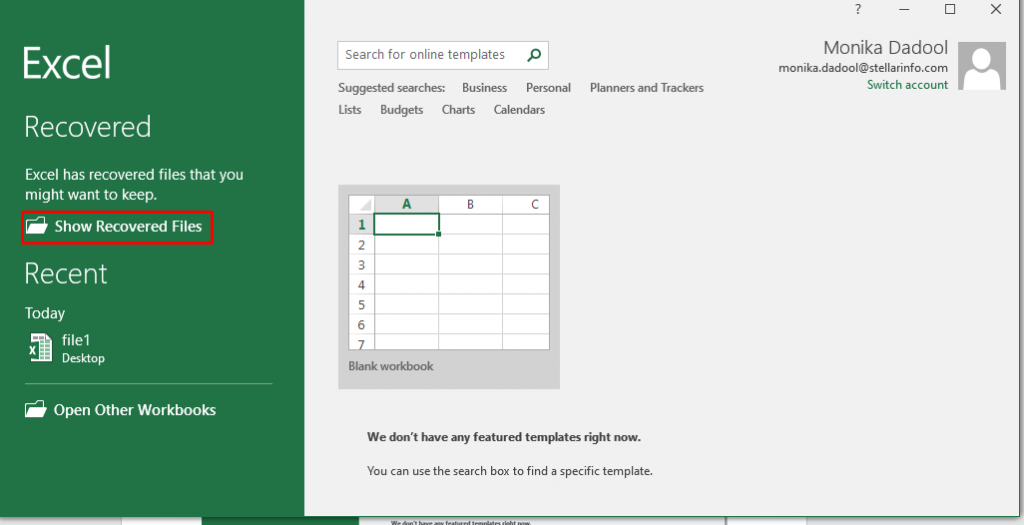 Show Recovered Files Option in MS Excel