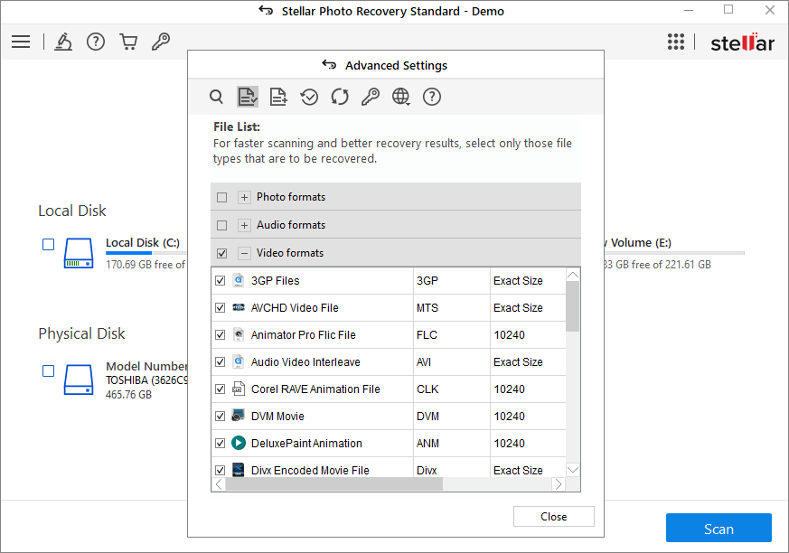 select videos to recover DV file