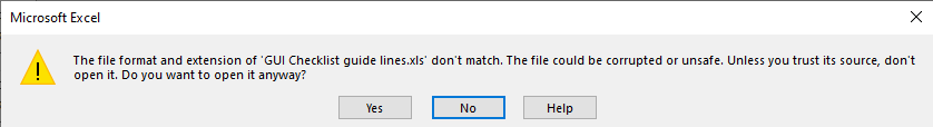 The file format and extension of excel file don't match error message