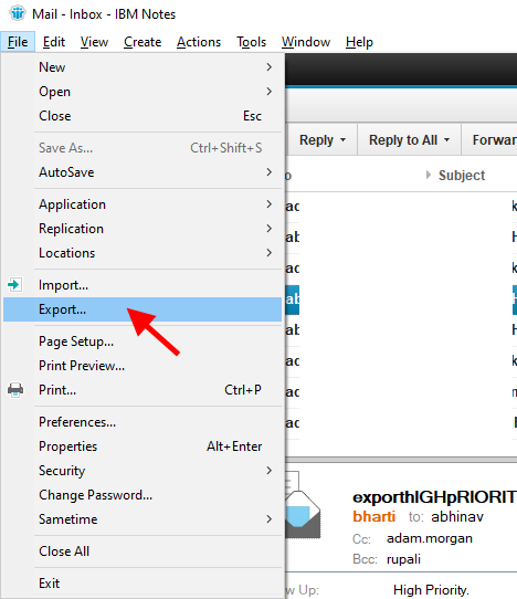choose the export option in lotus notes application