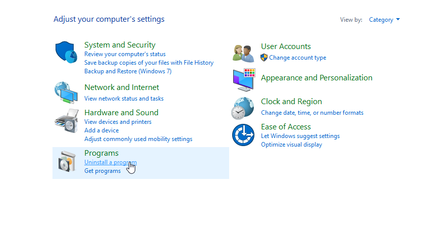 control panel uninstall a program