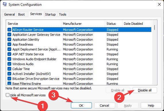 disabling all the services except microsoft