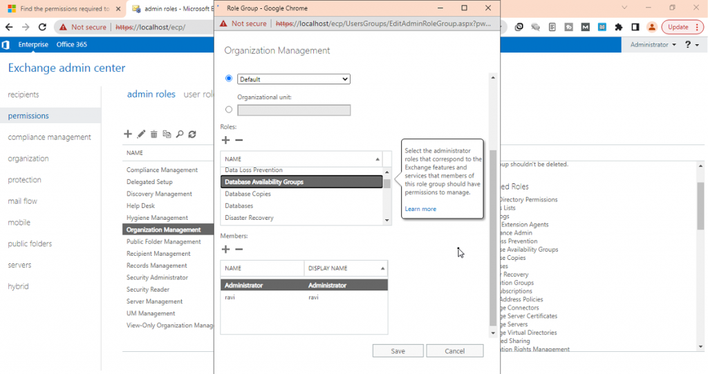 grant database availability groups permissions roles in exchange admin center