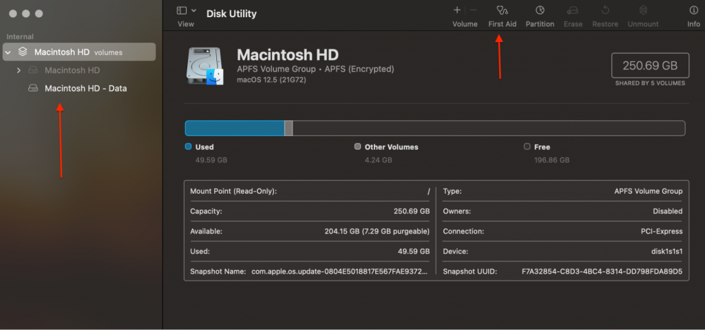 Disk Utility > Drive > First Aid