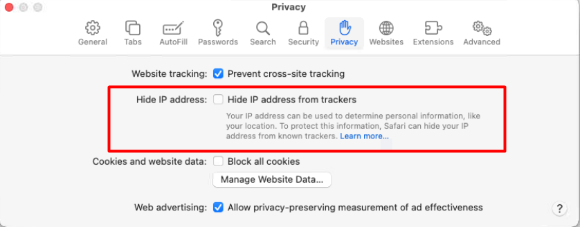 Open Safari > Safari Preferences > Privacy > Hide IP address from trackers